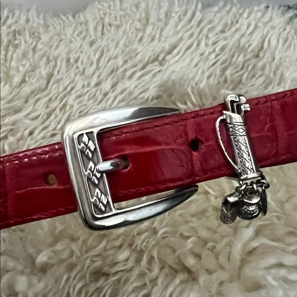 Brighton Womens Croc Embossed Belt Size M30 Red Leather Silver Golf Charms